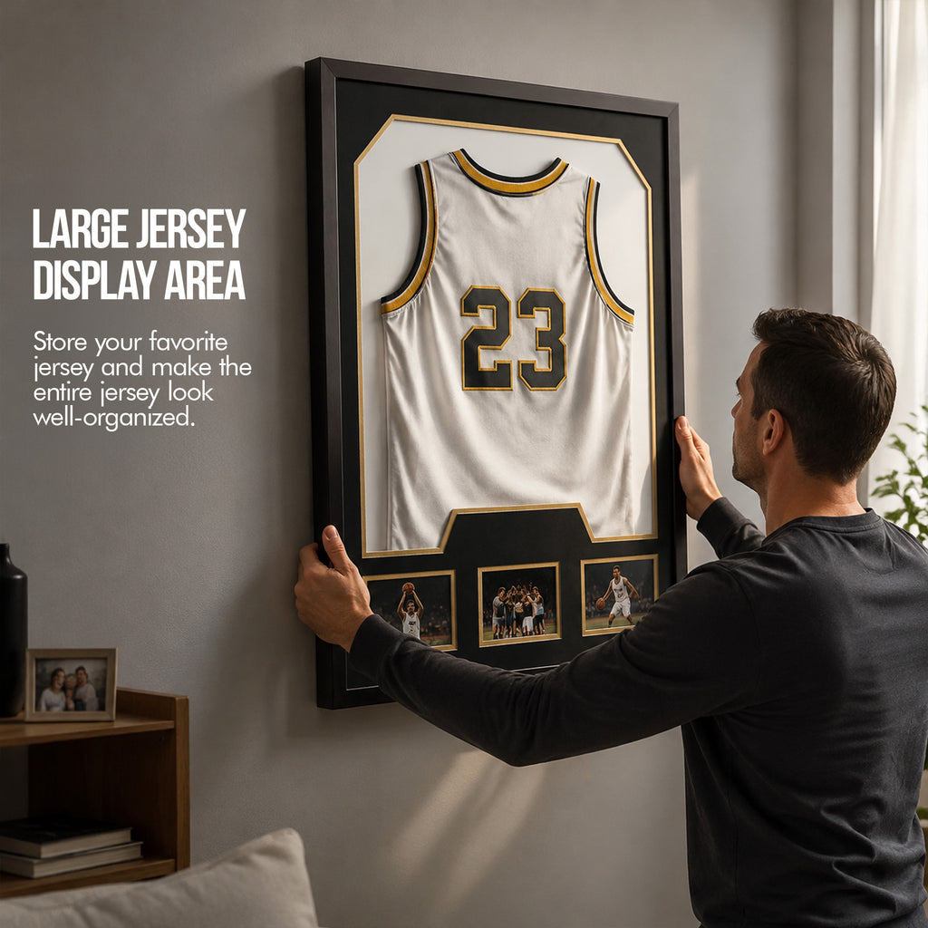 Nice C Custom Jersey Display Frame Case with 3 Photo Slots Customizable mat colors, Sweater T Shirt Frame, acrylic, wall-mounted shadow box, Baseball, Basketball, Football