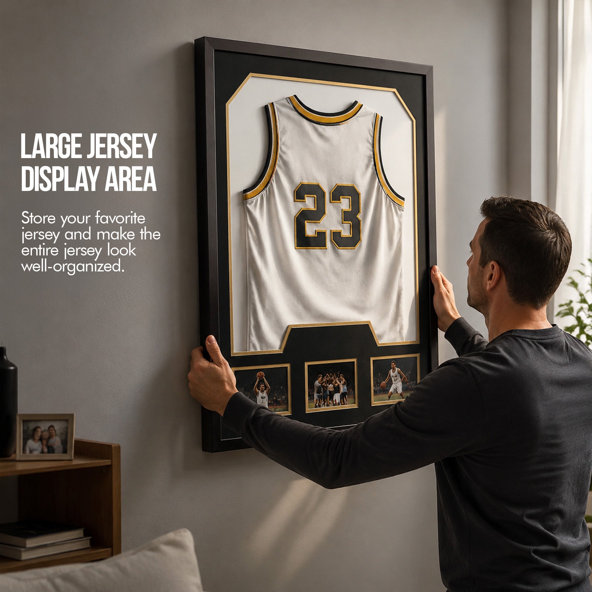 Nice C Custom Jersey Display Frame Case with 3 Photo Slots Customizable mat colors, Sweater T Shirt Frame, acrylic, wall-mounted shadow box, Baseball, Basketball, Football