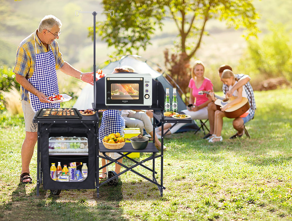 Nice C Camping Kitchen Table Station, Portable Folding Grill Table (Black) | Picnic Cook Table, Camping Organizer, Upgraded Light Stand, Windshield, Carry Bag, Outdoor, Beach, Picnic