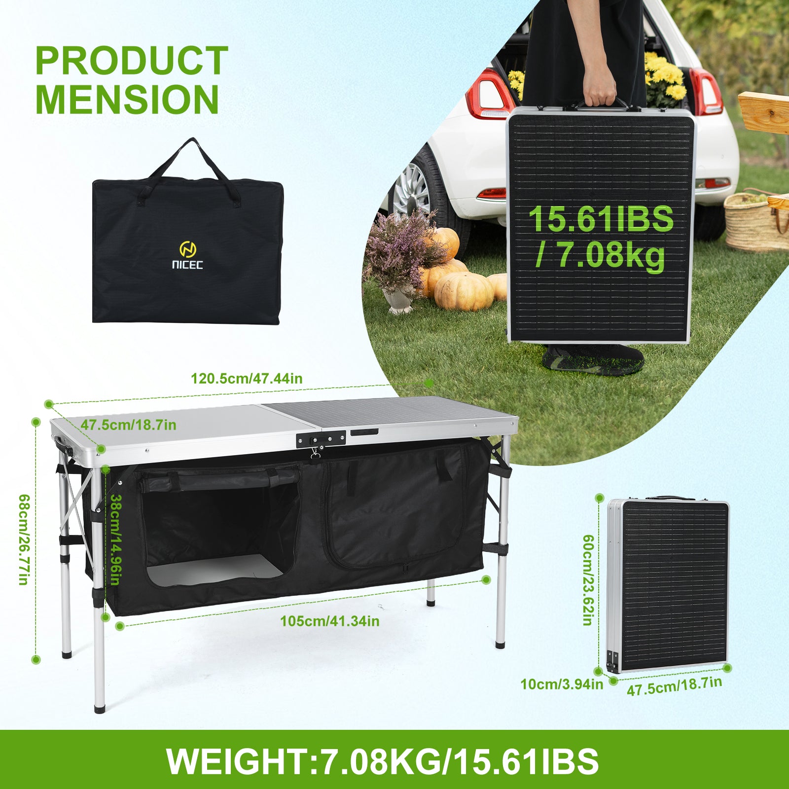 Nice C 45W Solar Folding Camping Table with Storage, USB/Type-C/DC Output, Outdoor Picnic &amp; BBQ