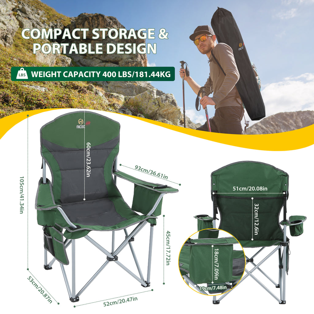 Green &amp; Gray Nice C Heated Camping Chair with Battery, Folding Outdoor Chair with Cooler &amp; Power Bank 