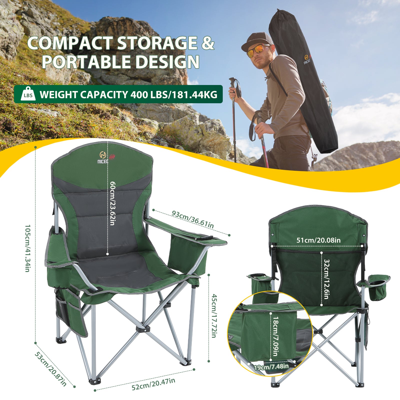 Green &amp; Gray Nice C Heated Camping Chair with Battery, Folding Outdoor Chair with Cooler &amp; Power Bank 