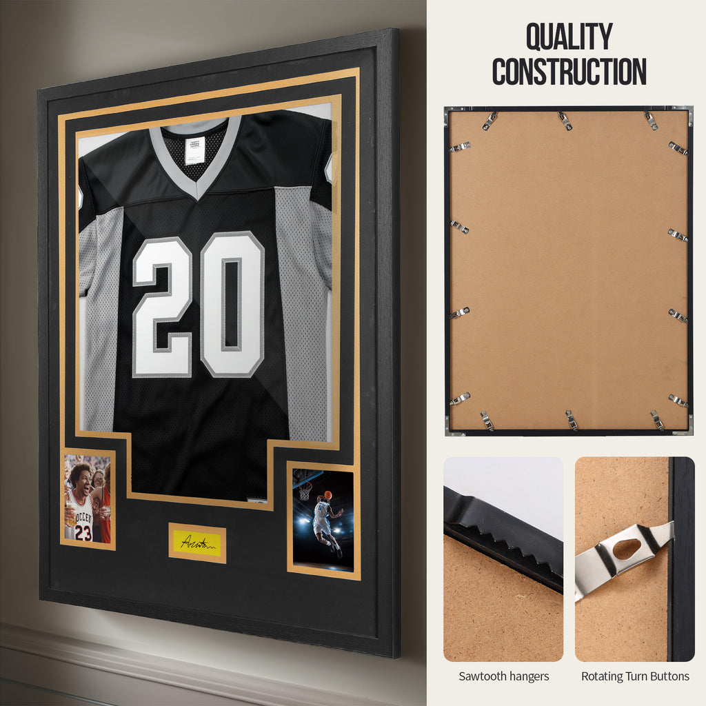 Nice C DIY Jersey Frame Display Case with Custom Color Mat, Wall Mount Custom Jersey Frame with Photo Slots, Shirt Display Shadow Box, with Hardware Kit, Signature Display, Football Basketball Soccer