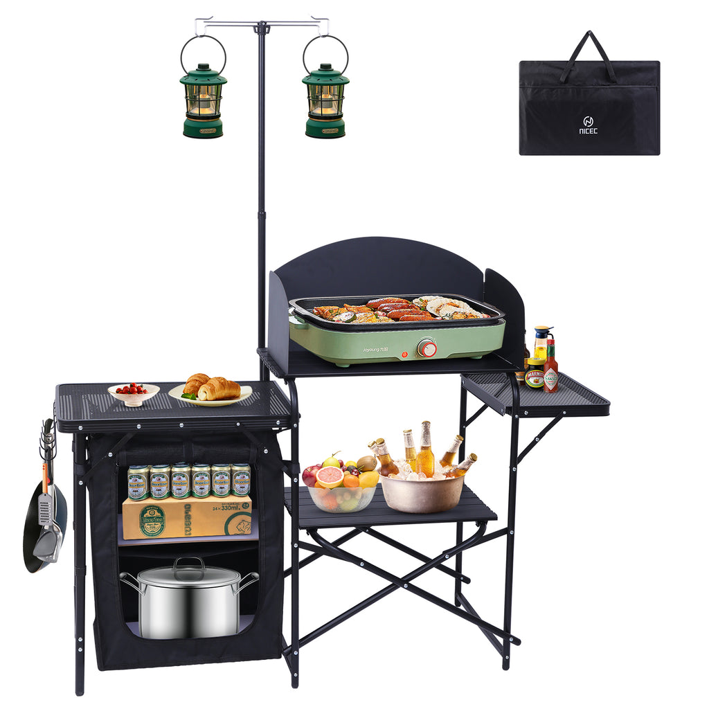 Nice C Camping Kitchen Table Station, Portable Folding Grill Table (Black) | Picnic Cook Table, Camping Organizer, Upgraded Light Stand, Windshield, Carry Bag, Outdoor, Beach, Picnic