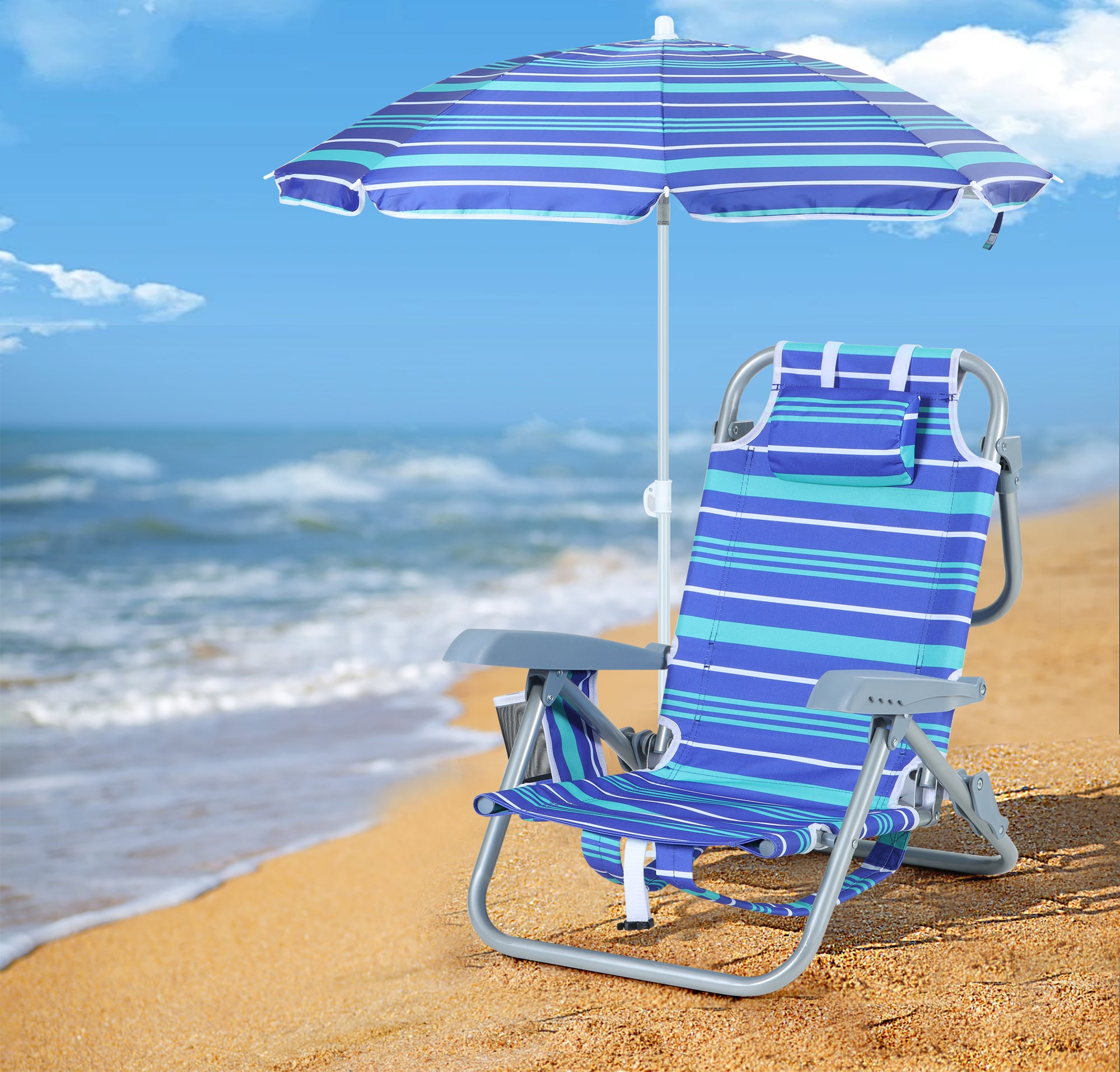 Nice C Kids Outdoor Beach Chair – 5-Position Recline, Backpack Camping Chair with Umbrella &amp; Cup Holder