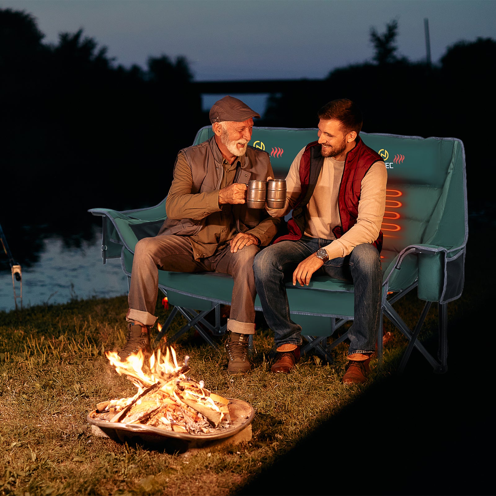 Nice C Padded Heated Loveseat Camping Chair for Adults, with Power Bank &amp; Bottle Opener 