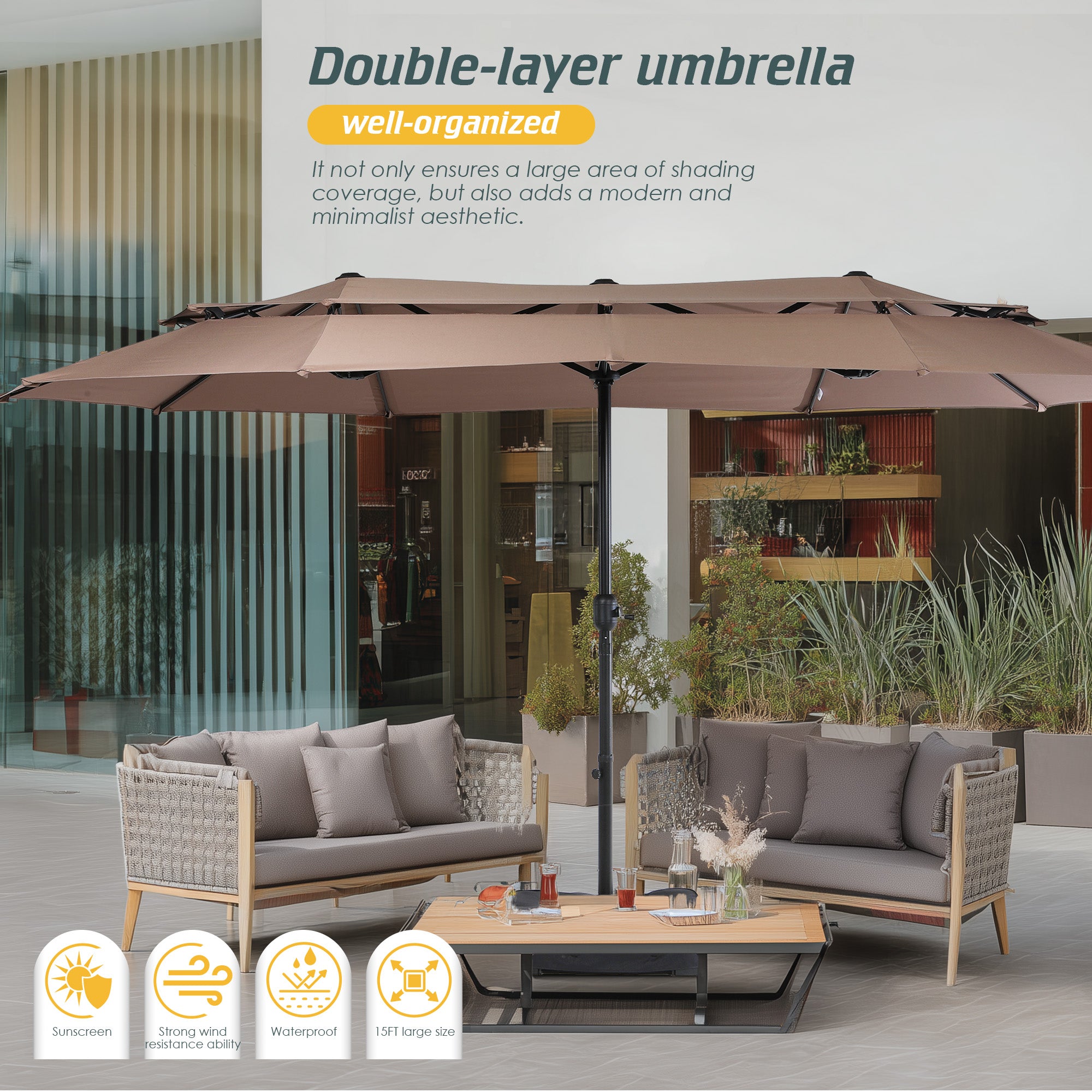 Nice C 13/15FT Large Double Sided Patio Umbrella with Crank (Khaki) | Large Market Umbrella, Wide Outdoor Shade, w/wo Base, Crank Lift, Poolside, Deck, Backyard, Patio, Garden, 13FT, 15FT