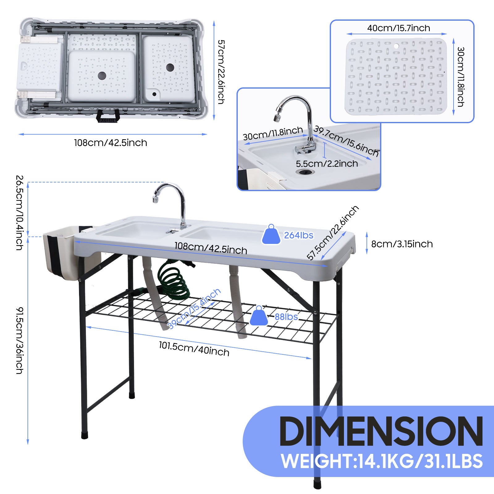 Nice C Outdoor Fish Cleaning Table with Sink, Spray, and Storage Rack 