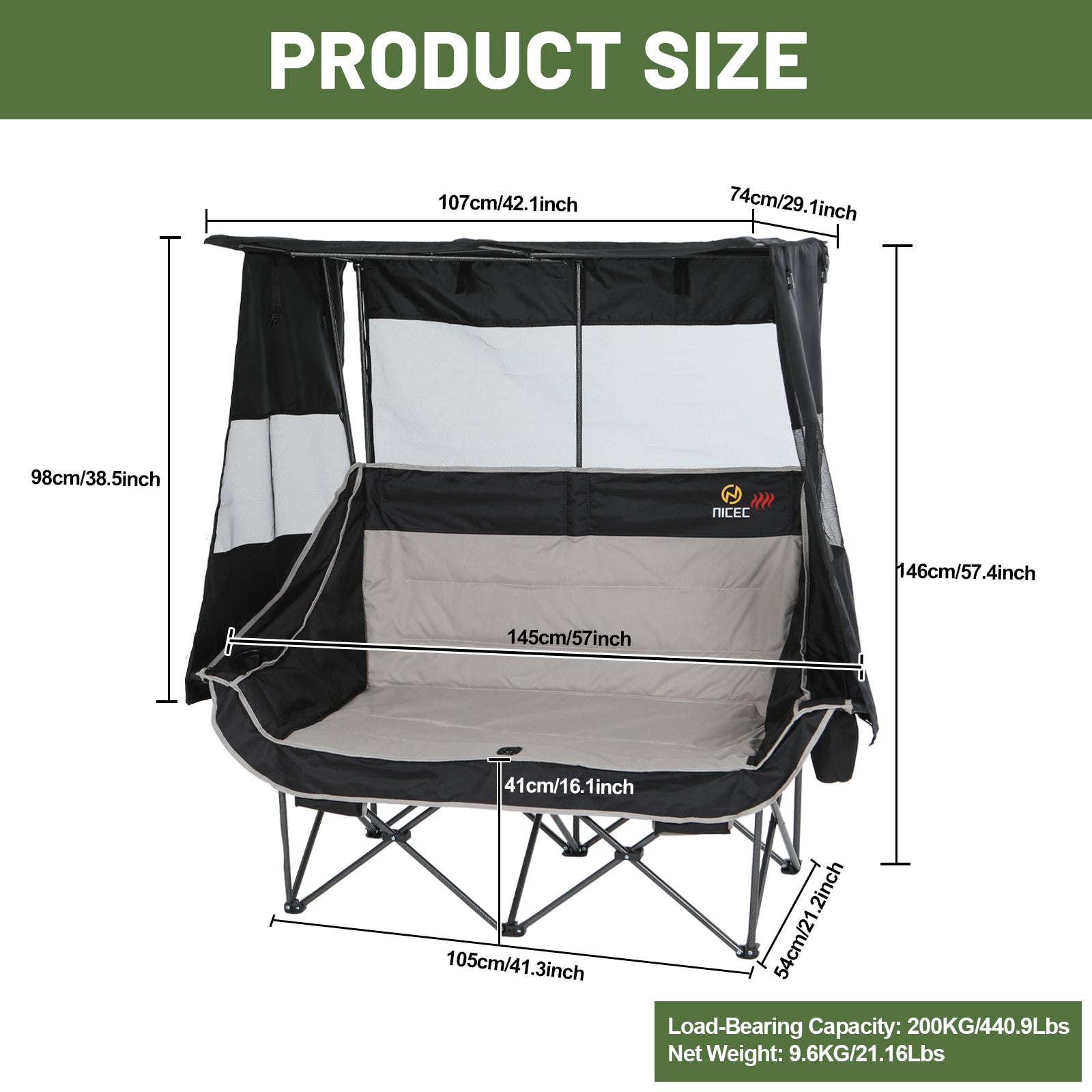 Nice C Double Heated Camping Loveseat – Folding Chair with Canopy, Battery, Cup Holder &amp; Cooler 