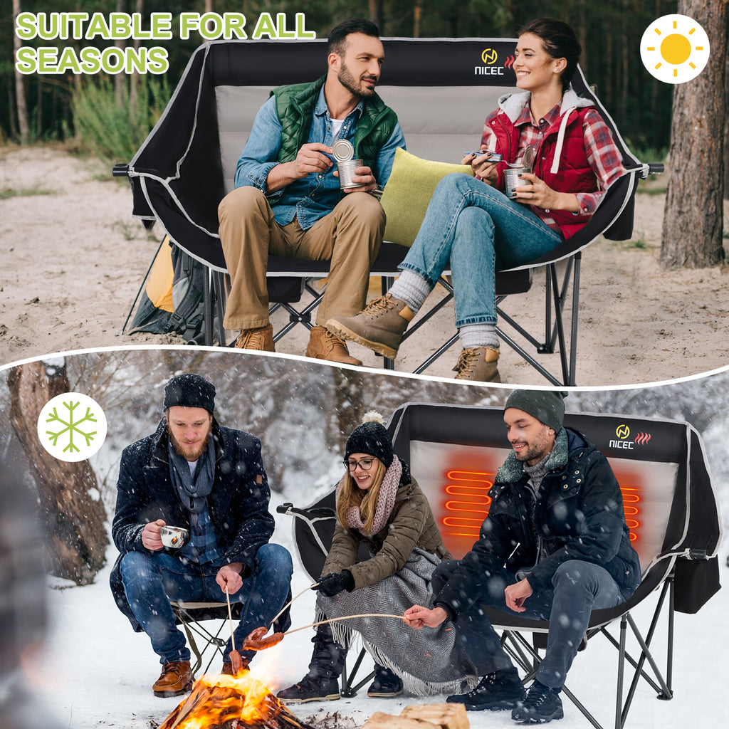 Nice C Heated Double Camping Couch, Padded Loveseat with 2 Rechargeable Power Banks 