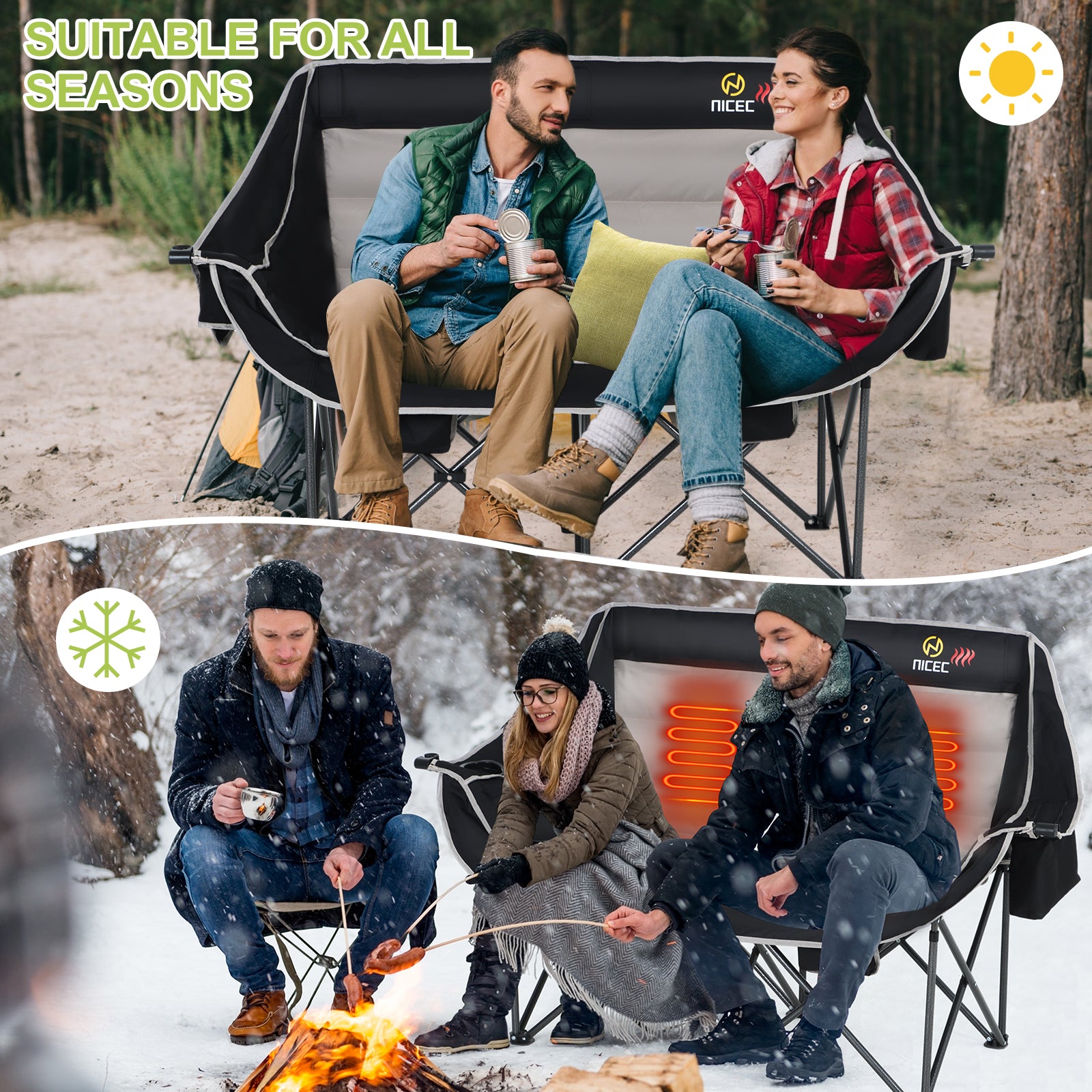 Nice C Heated Double Camping Couch, Padded Loveseat with 2 Rechargeable Power Banks 