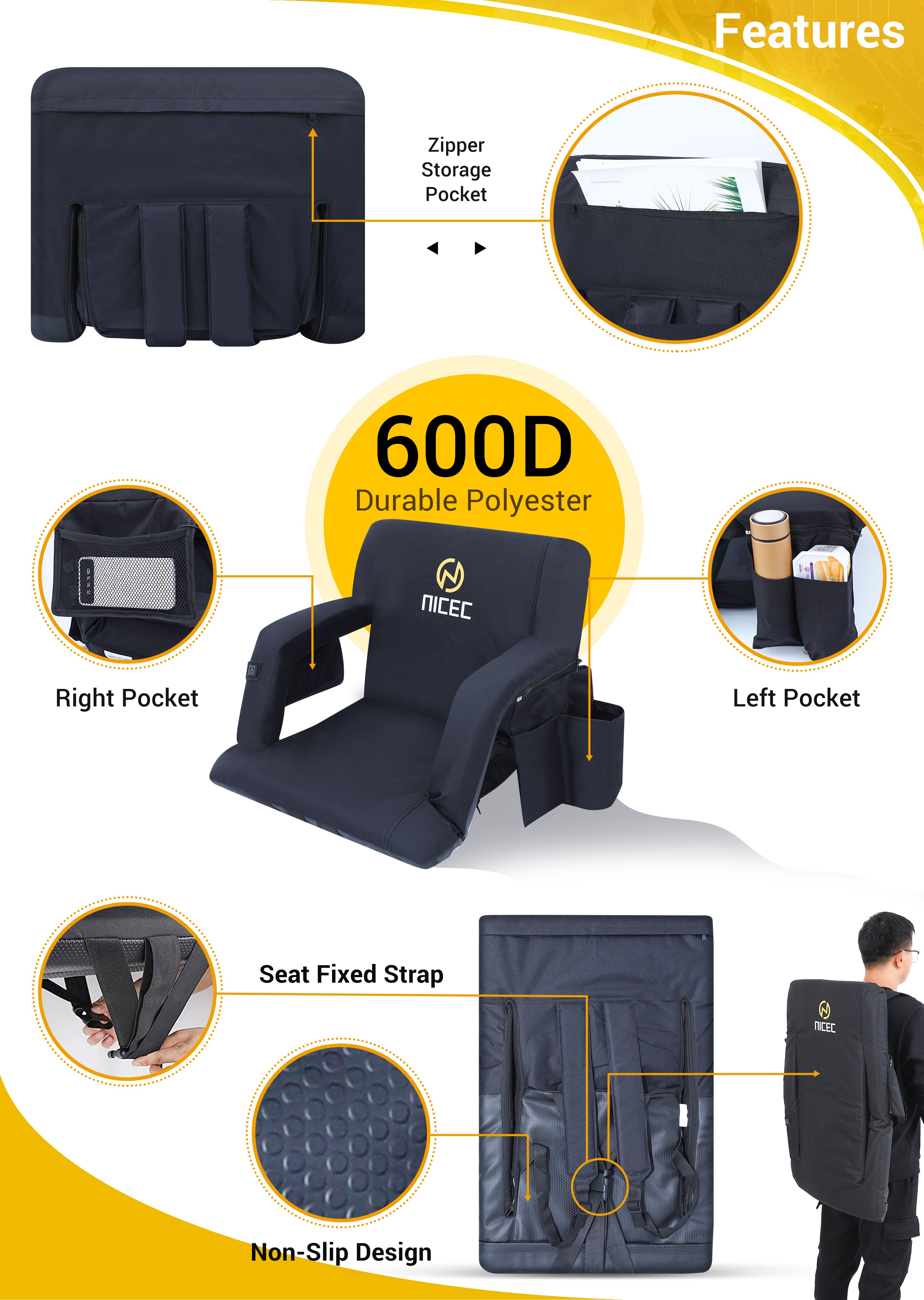 Nice C Heated Stadium Seat, Bleacher Chair with Back Support  Reclining Stadium Cushion, Foldable Floor Chair, Shoulder Straps, Side Pockets, Thick Padding, Heat