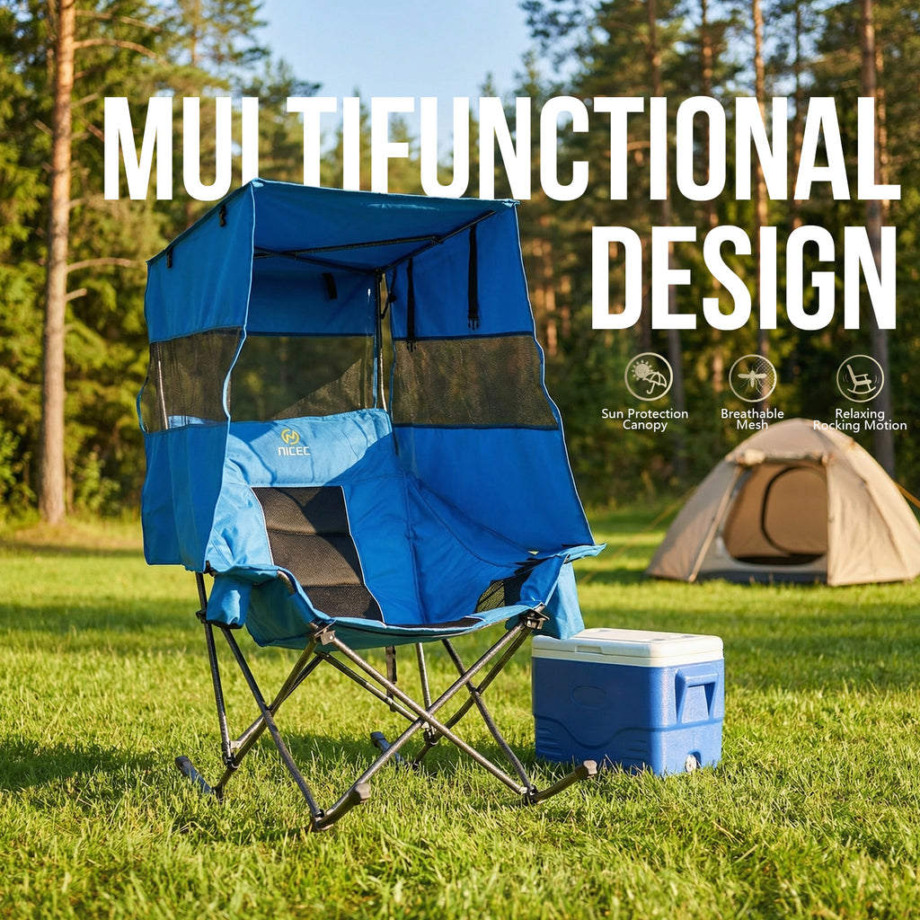 Nice C XL Rocking Camping Chair with Canopy, Folding Rocker (1 Pack/2Pack) | Oversized Outdoor Chair, Umbrella Chair, With Shade, Cup Holder, Cooler Bag, Carry Bag, Sports, Patio, Backyard
