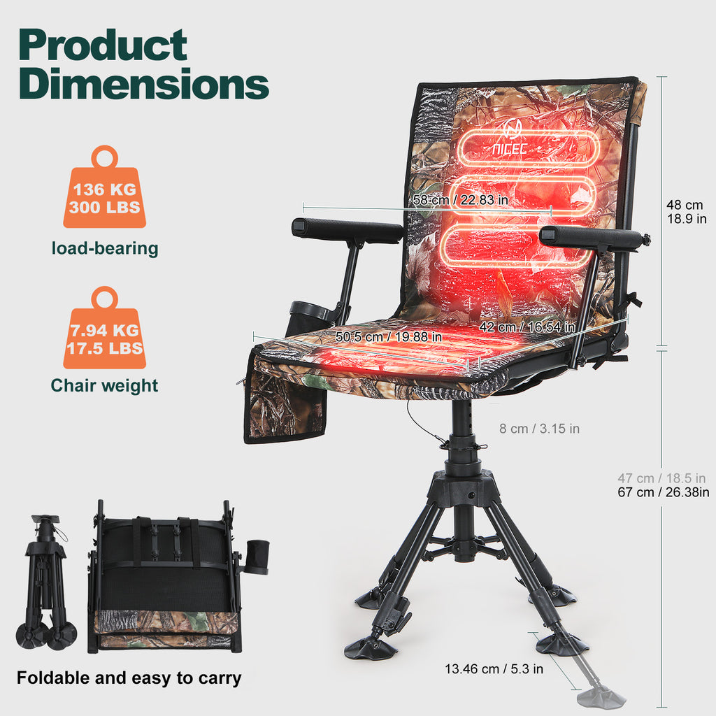 Nice C Heated Hunting Chair, Silent 360° Swivel Blind Chair, Adjustable Height, Portable Outdoor Hunting Seat