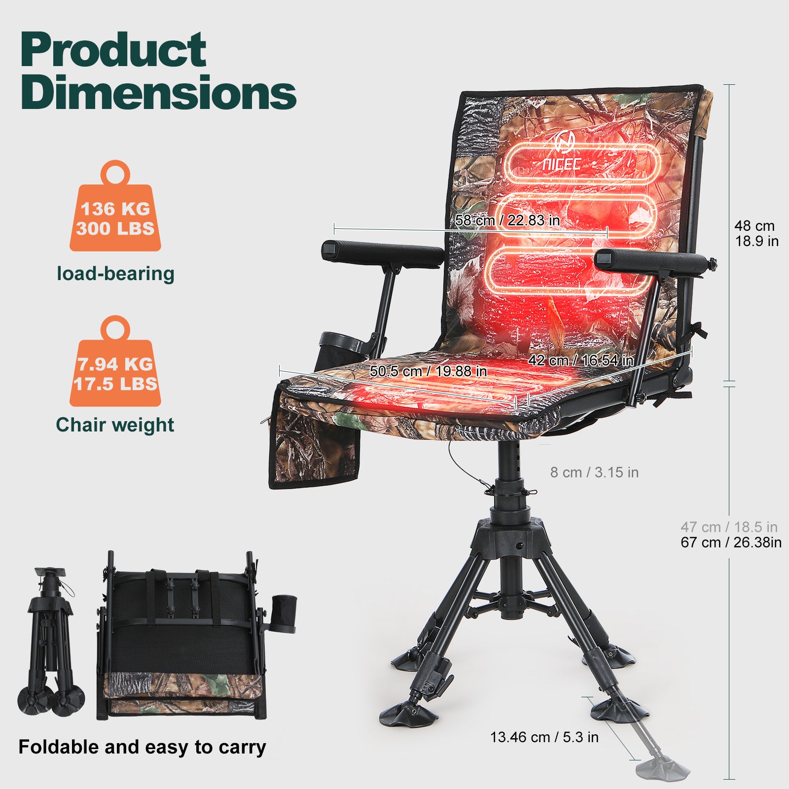 Nice C Heated Hunting Chair, Silent 360° Swivel Blind Chair, Adjustable Height, Portable Outdoor Hunting Seat