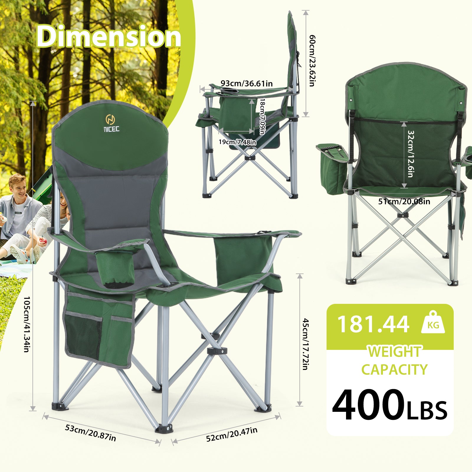 Nice C Portable Camping Chair with Armrest, Cooler Bag, Cup Holder &amp; Side Pocket 
