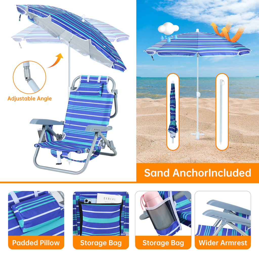 Nice C Kids Outdoor Beach Chair – 5-Position Recline, Backpack Camping Chair with Umbrella &amp; Cup Holder