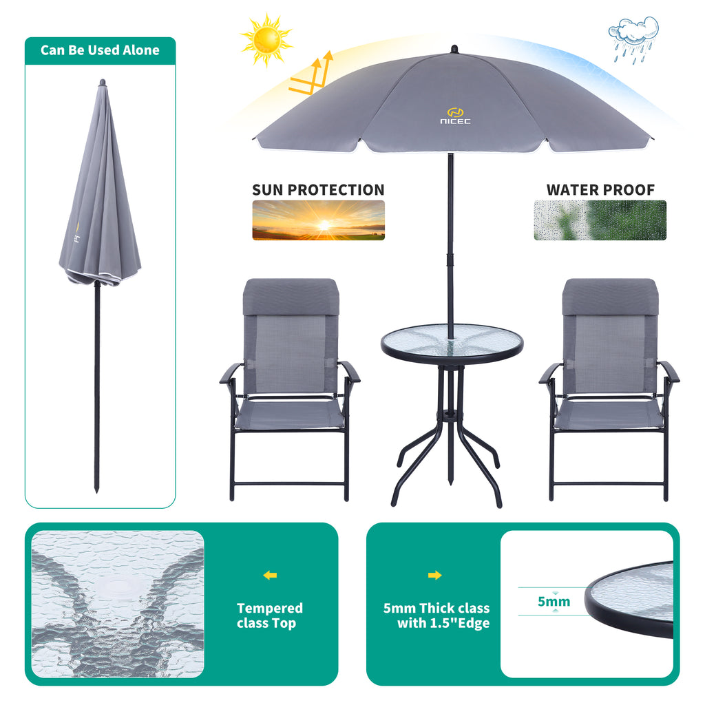 Nice C 4 Piece Patio Furniture Set with Umbrella, Outdoor Dining Set (Grey) | Patio Furniture Set, Patio Table And Chairs, 4-Piece Garden Set, Glass Table, 2 Folding Chairs