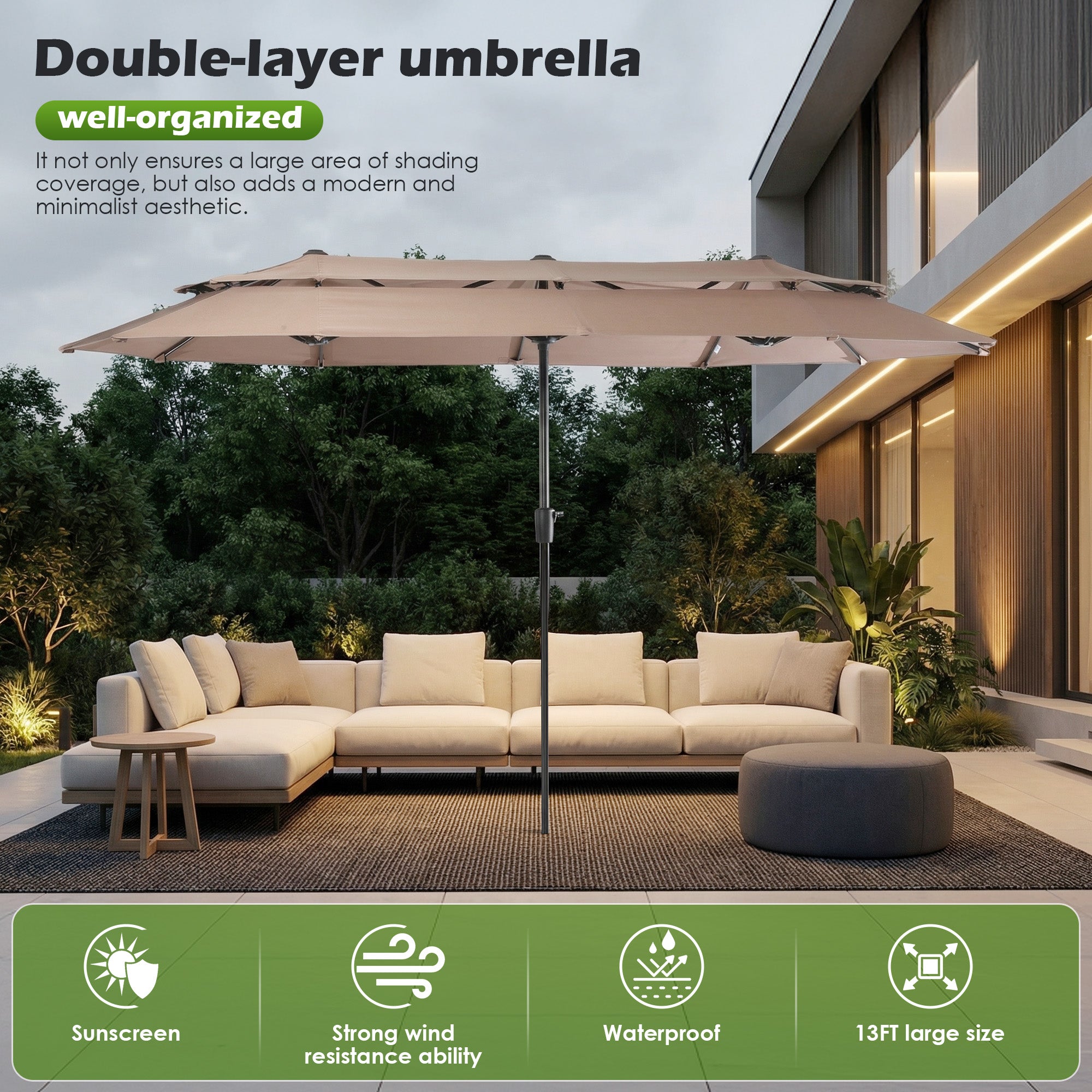 Nice C 13/15FT Large Double Sided Patio Umbrella with Crank (Khaki) | Large Market Umbrella, Wide Outdoor Shade, w/wo Base, Crank Lift, Poolside, Deck, Backyard, Patio, Garden, 13FT, 15FT