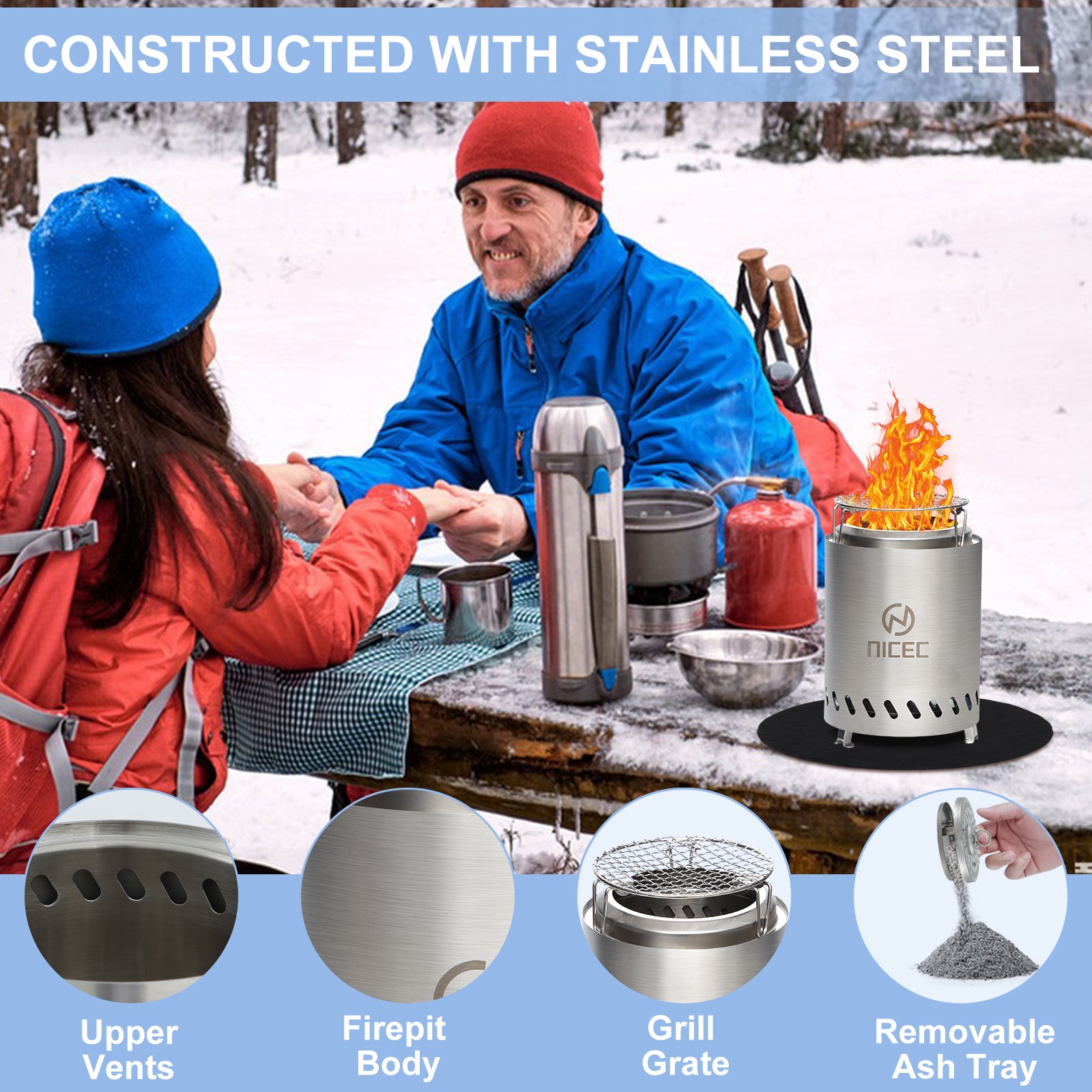 Nice C Smokeless Fire Pit, Portable Tabletop Fire Pit (5.5 inch,7.1 inch,19.1 inch) | Stainless Steel Construction, Grill Grate, Removable Ash Tray, Carry Bag, Patio, Camping, Outdoor