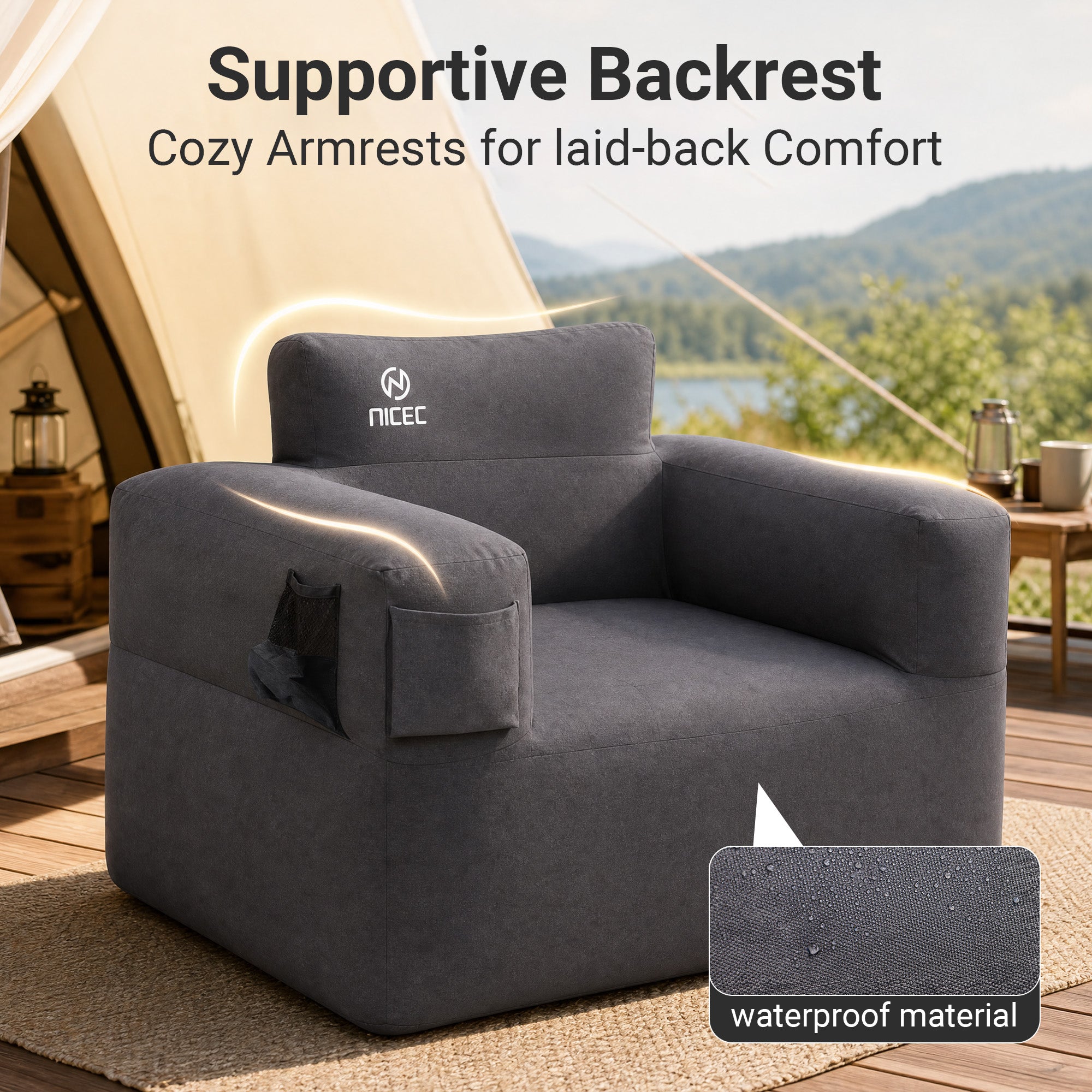 Nice C Inflatable Blow Up Camping Couch with Built-in Pump (1/2 Person) | Portable Inflatable Sofa, Built-in Electric Pump, Cup Holder, Storage Pocket, MOLLE Straps, Camping, Outdoor Lounger, Adults
