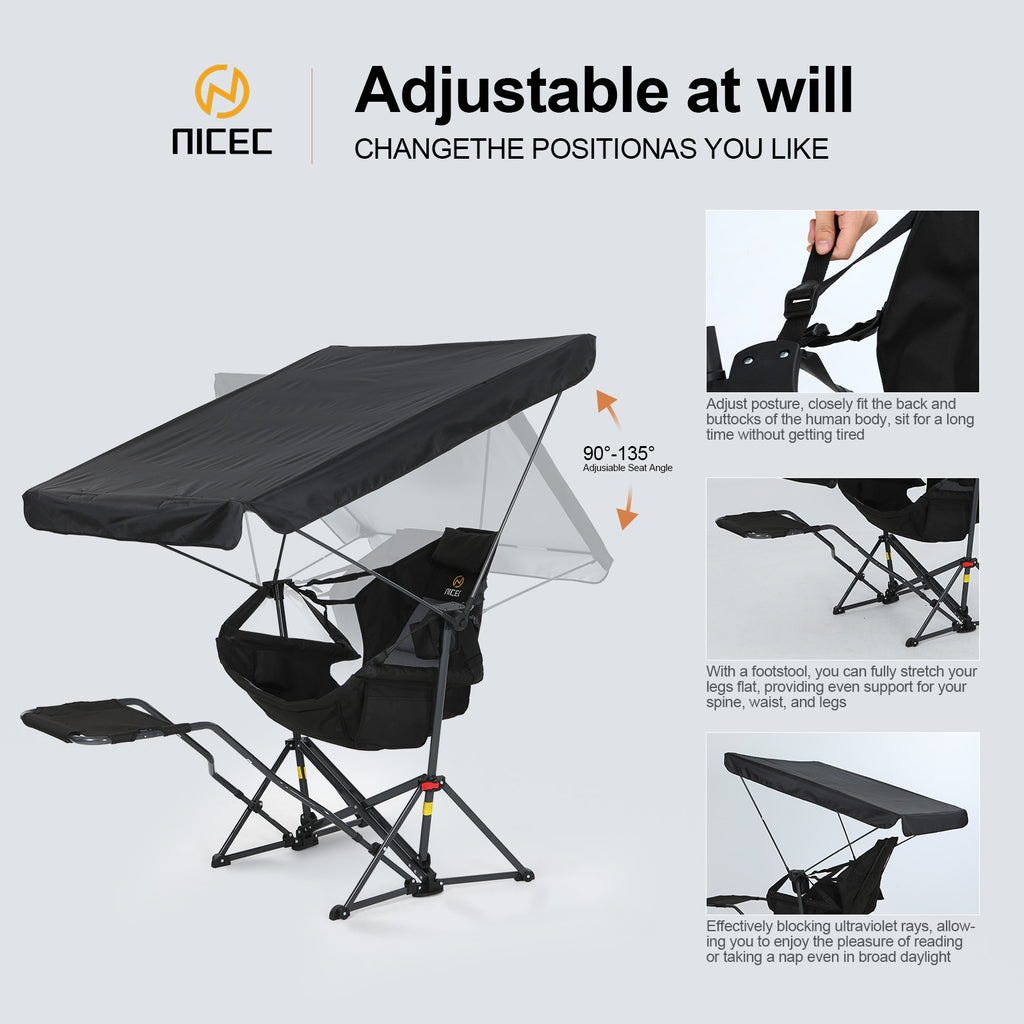 Nice C Hammock Chair with Adjustable Canopy & Detachable Footrest | Portable Swinging Chair, Folding Rocking Design, Cup Holder, Carry Bag, Camping, Beach, Backyard, Outdoor