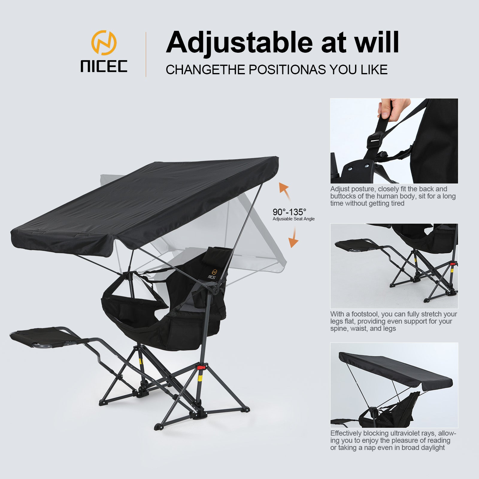 Nice C Hammock Chair with Adjustable Canopy & Detachable Footrest | Portable Swinging Chair, Folding Rocking Design, Cup Holder, Carry Bag, Camping, Beach, Backyard, Outdoor