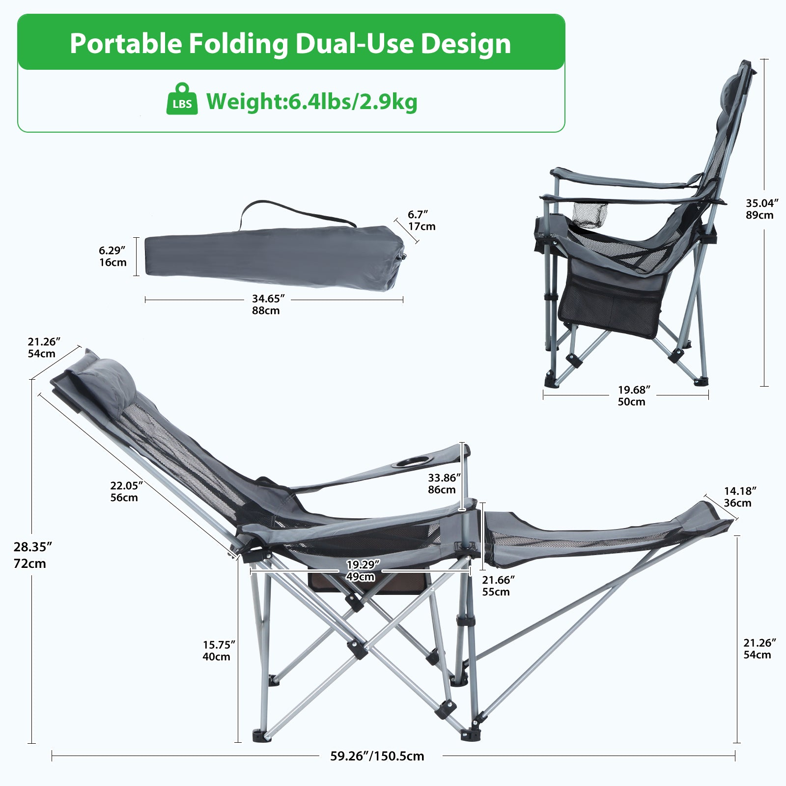 Nice C Adjustable Camping Recliner Chair with Footrest, Headrest &amp; Cup Holder 