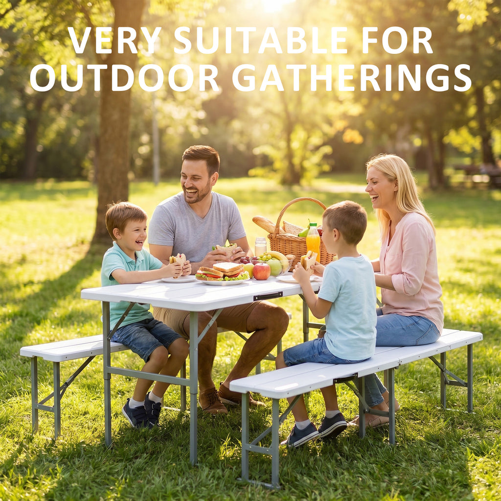 Nice C 6FT Folding Portable Picnic Table Set with 2 Benches (3 PC Black/White) | Plastic Table & Bench Set, Table With Chairs, Wood Grain Surface, Foldable, Indoor, Outdoor, Camping, Patio, Backyard, Picnic