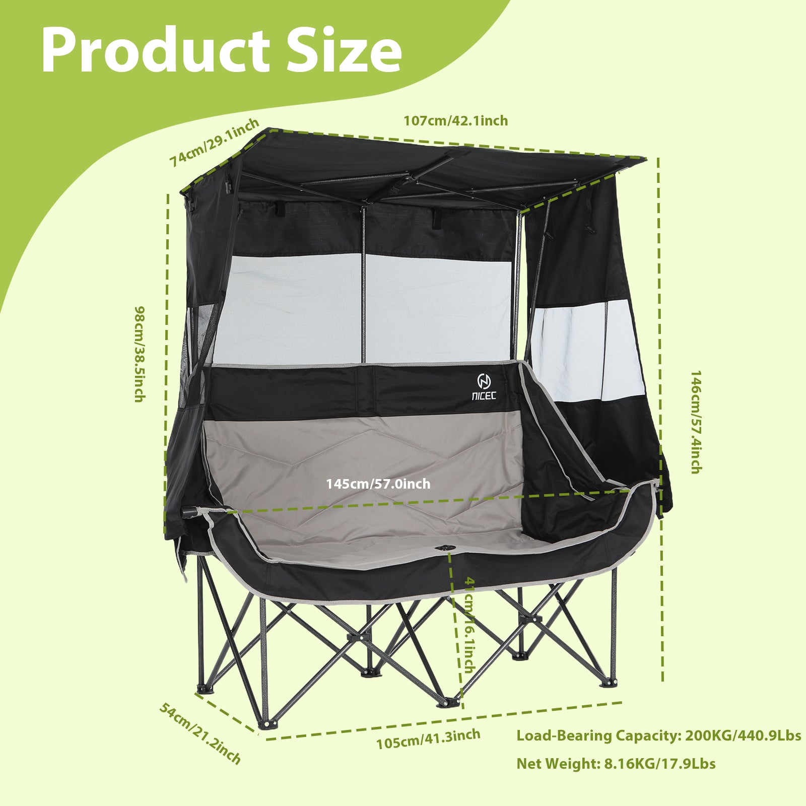 Nice C Double Loveseat Camping Chair with Sun Shade – Portable Folding Outdoor Chair with Cooler, Cup Holders &amp; Storage Pockets for Picnic, Lawn, Sports, Beach 