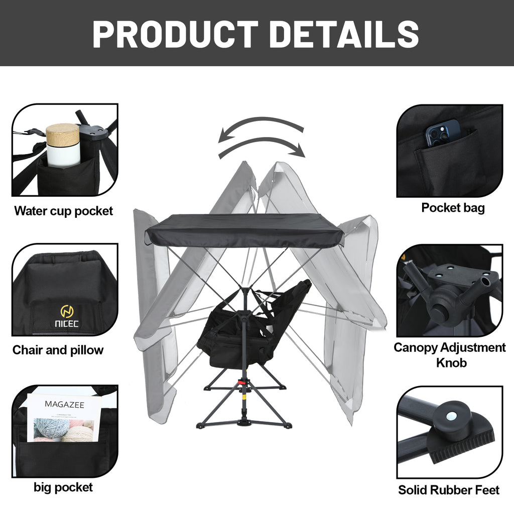 Nice C Rocking Hammock Camping Chair – Swing Seat with Adjustable Canopy Shade, Cup Holder, Portable &amp; Foldable 