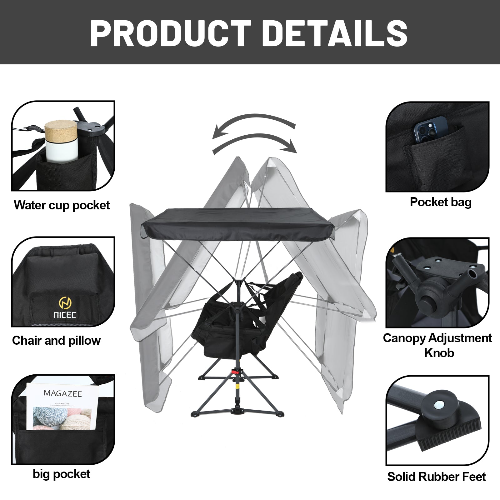 Nice C Rocking Hammock Camping Chair – Swing Seat with Adjustable Canopy Shade, Cup Holder, Portable &amp; Foldable 