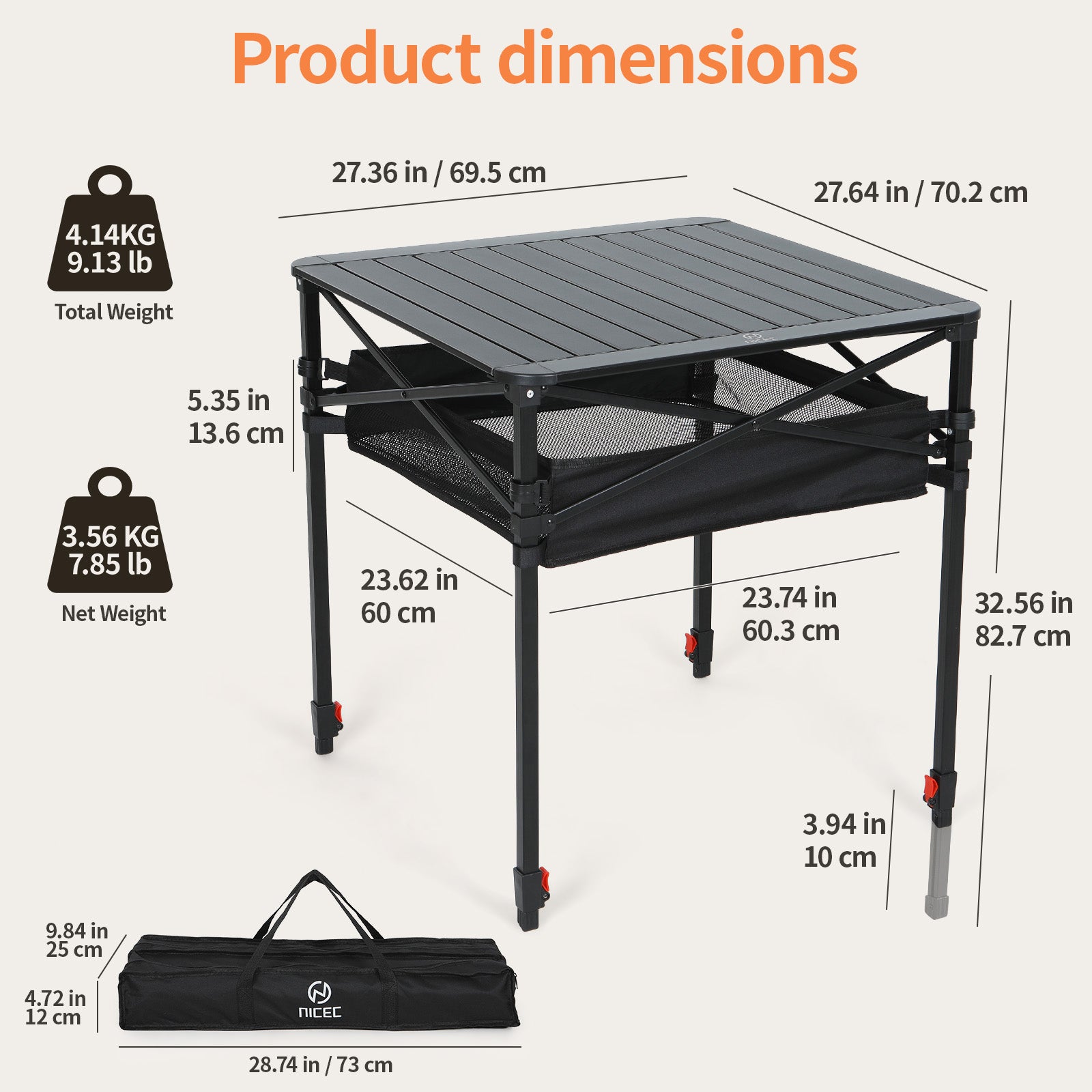 Nice C Adjustable Square Table, Folding Camping Table, Roll-up Tabletop, Lightweight, with Carry Bag, for Outdoor, Camping, Picnic, backyards, BBQ (Large)
