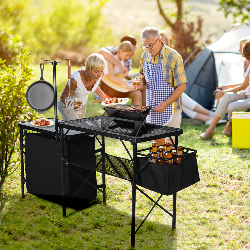 Nice C Camping Kitchen Table, Portable Folding Camp Cook Station (Black) | Grill Table for Blackstone Griddles, Storage Organizer, Light Pole, Outdoor, Picnic, Beach, RV Traveling