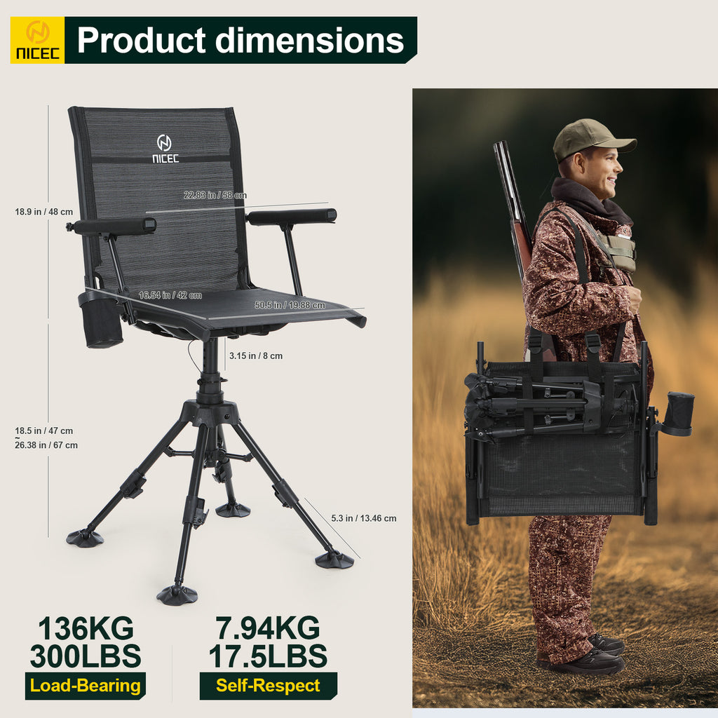 Nice C 360° Swivel Hunting Chair, Silent Rotating Blind Chair with Adjustable Height, Armrest &amp; No-Sink Feet