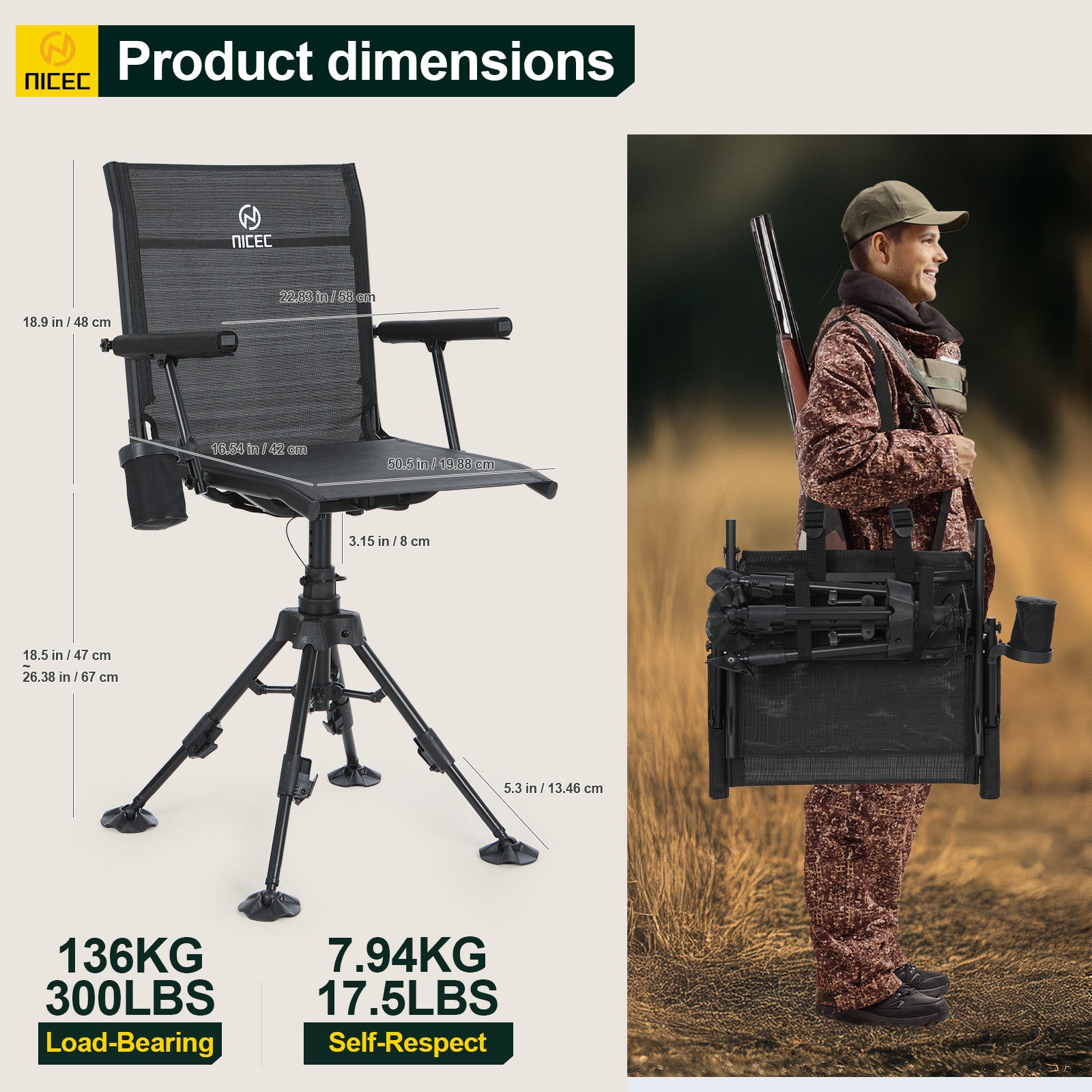Nice C 360° Swivel Hunting Chair, Silent Rotating Blind Chair with Adjustable Height, Armrest &amp; No-Sink Feet