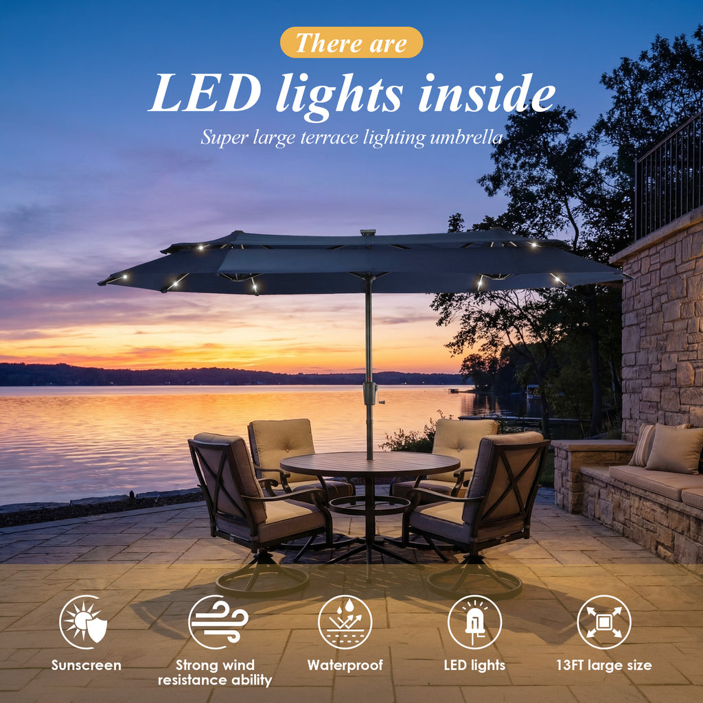 Nice C 13/15FT Lighted Double Layer Patio Umbrella with Crank (Blue) | Rectangular Market Umbrella, LED Lights, Large Outdoor Shade, Poolside, Deck, Backyard, Patio, Garden, 13FT, 15FT