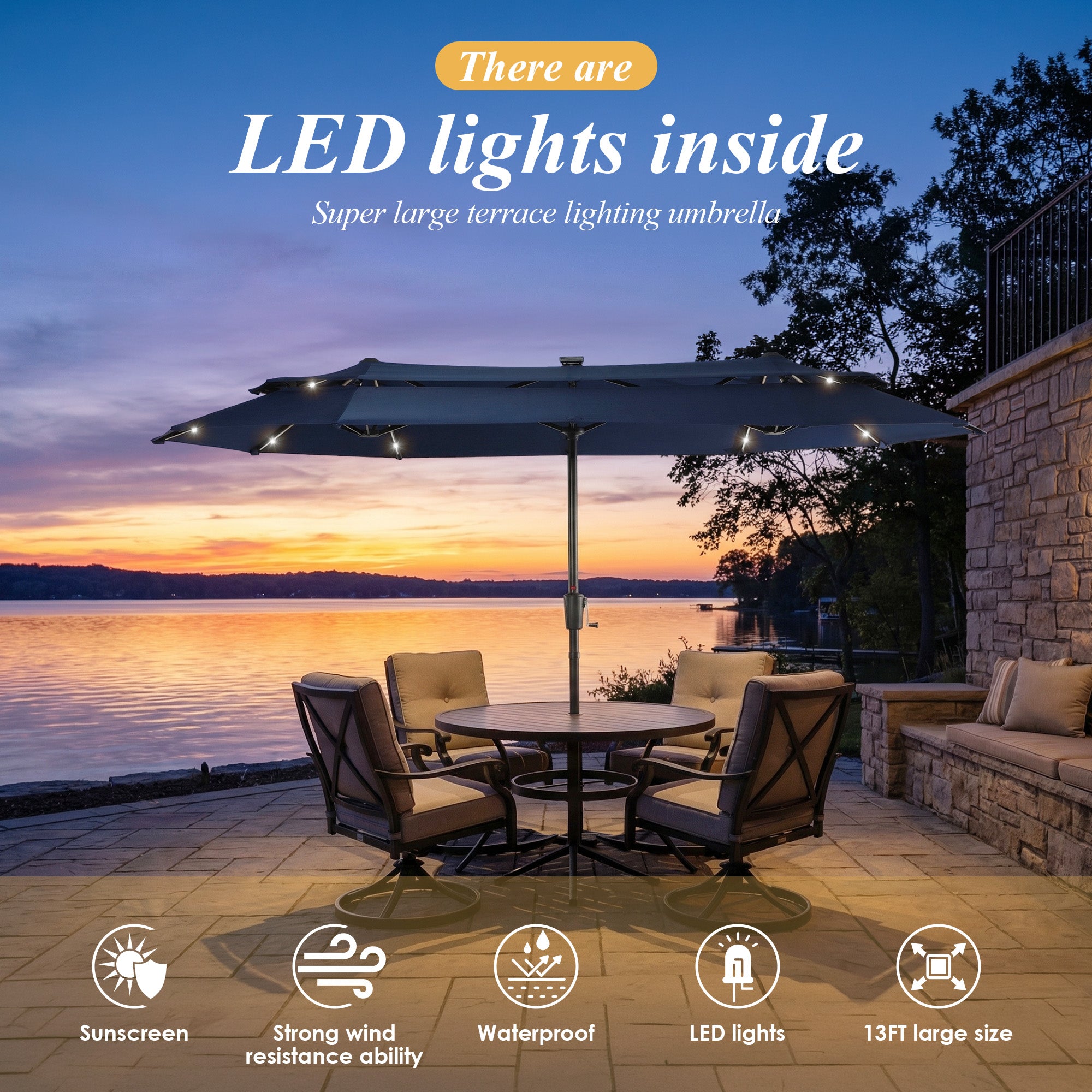 Nice C 13/15FT Lighted Double Layer Patio Umbrella with Crank (Blue) | Rectangular Market Umbrella, LED Lights, Large Outdoor Shade, Poolside, Deck, Backyard, Patio, Garden, 13FT, 15FT
