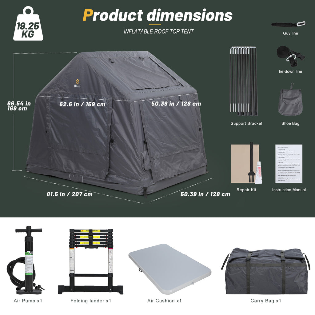 Nice C Inflatable Rooftop Tent, Black & Grey SUV Camping Tent with Mattress, Ladder & Pump, Waterproof Overland Design