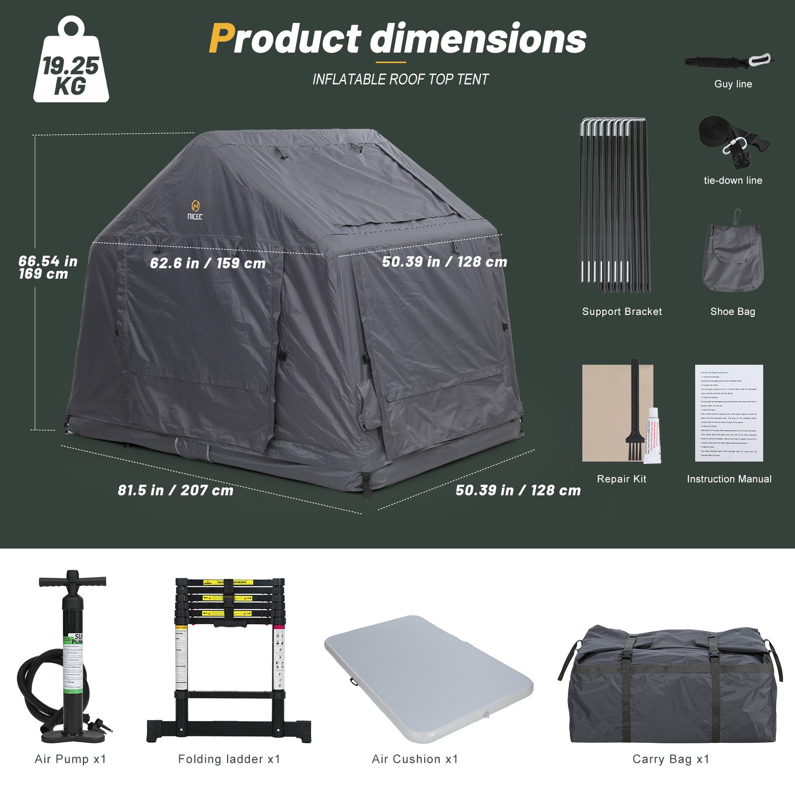 Nice C Inflatable Rooftop Tent, Black & Grey SUV Camping Tent with Mattress, Ladder & Pump, Waterproof Overland Design