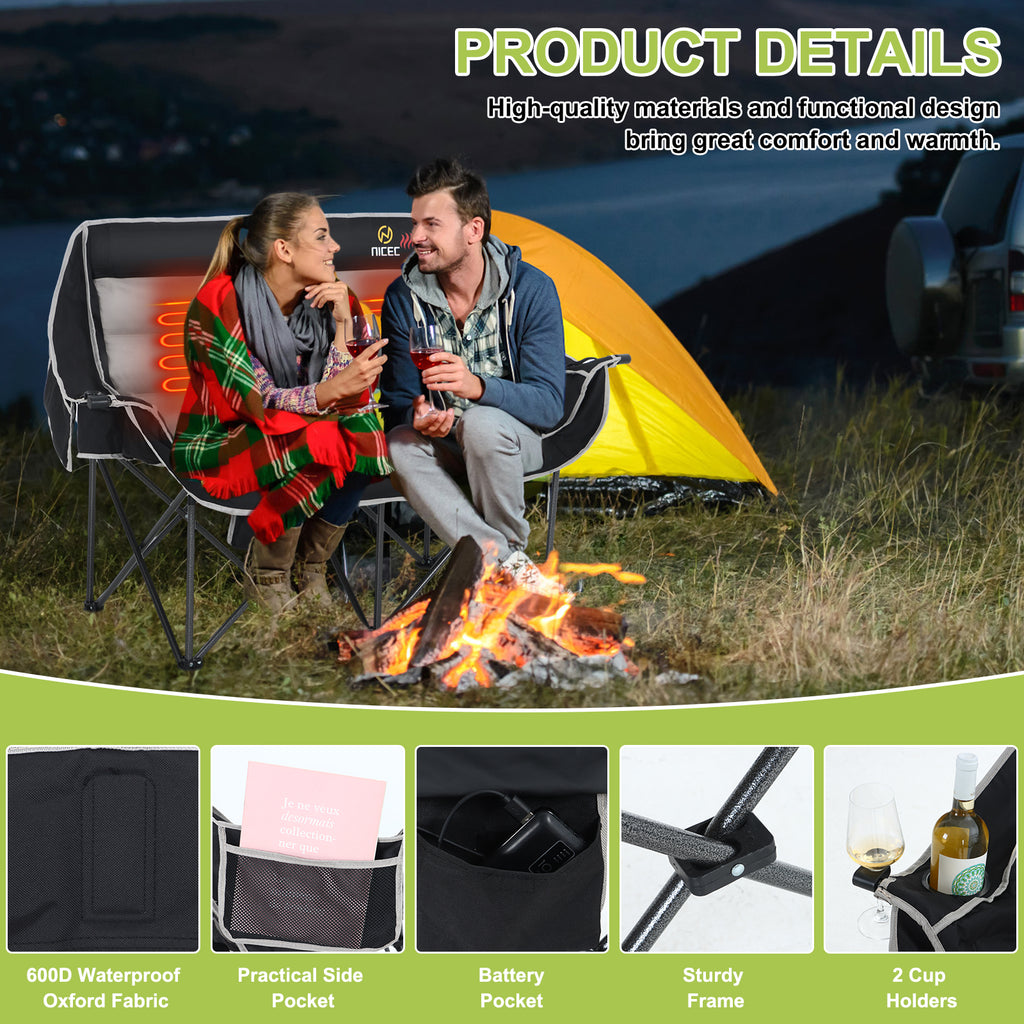 Nice C Heated Double Camping Couch, Padded Loveseat with 2 Rechargeable Power Banks 