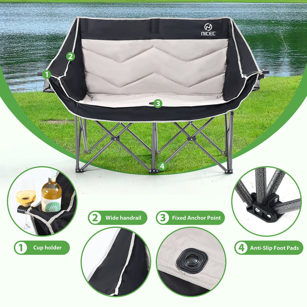 Black &amp; Gray Nice C Oversized Padded Camping Loveseat, Folding Chair with Cooler &amp; Cup Holder 