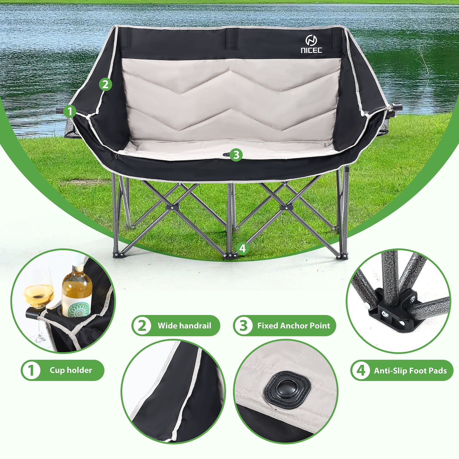 Black &amp; Gray Nice C Oversized Padded Camping Loveseat, Folding Chair with Cooler &amp; Cup Holder 