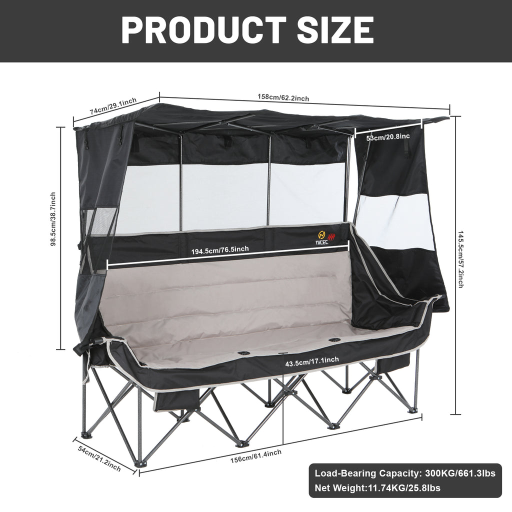 Nice C Heated 3 Person Camping Chair with Canopy, Oversized Padded Loveseat with Cooler &amp; Cup Holder