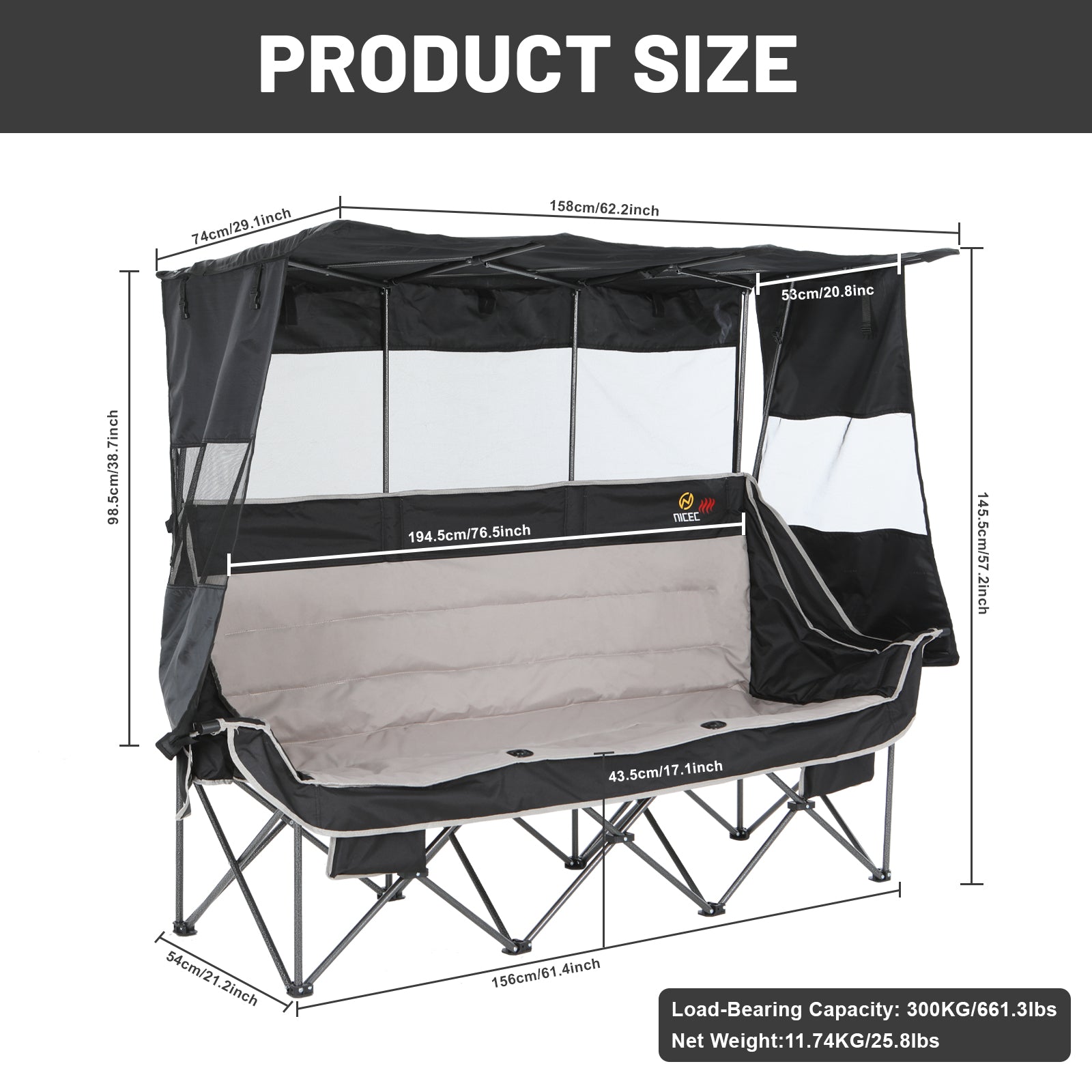Nice C Heated 3 Person Camping Chair with Canopy, Oversized Padded Loveseat with Cooler &amp; Cup Holder