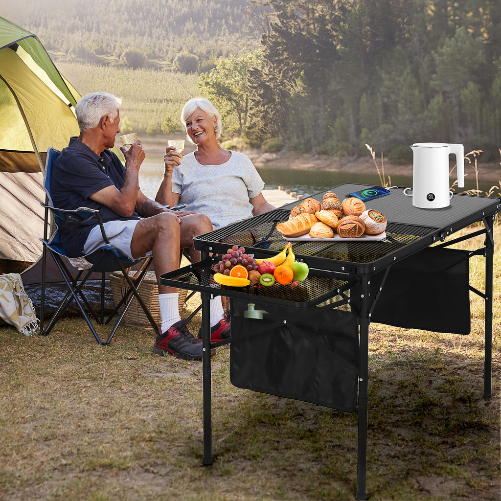 Nice C Solar-Powered Camping Table, USB/Type-C/DC Charging, Mesh Storage, Cup Holders