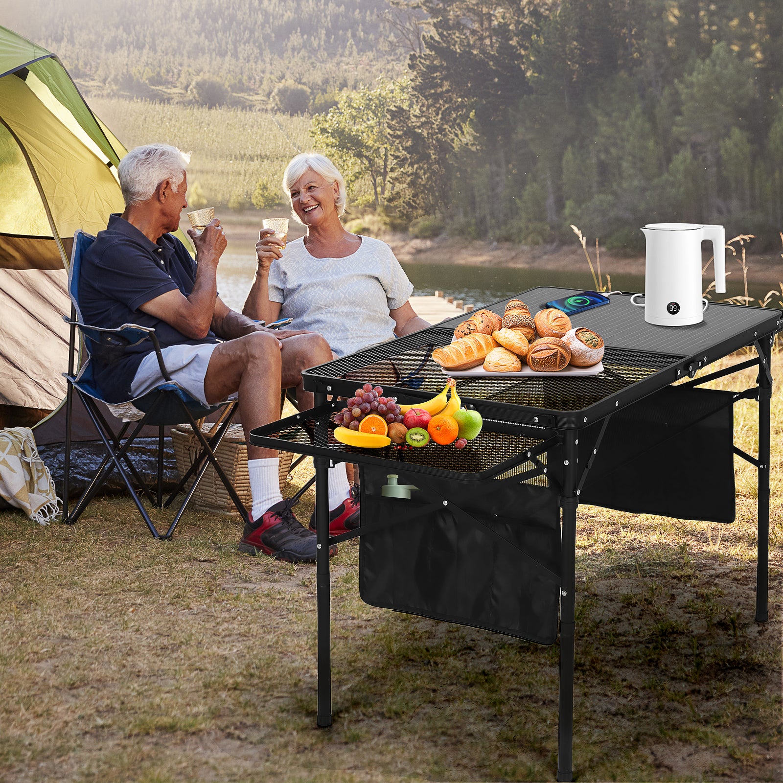 Nice C Solar-Powered Camping Table, USB/Type-C/DC Charging, Mesh Storage, Cup Holders