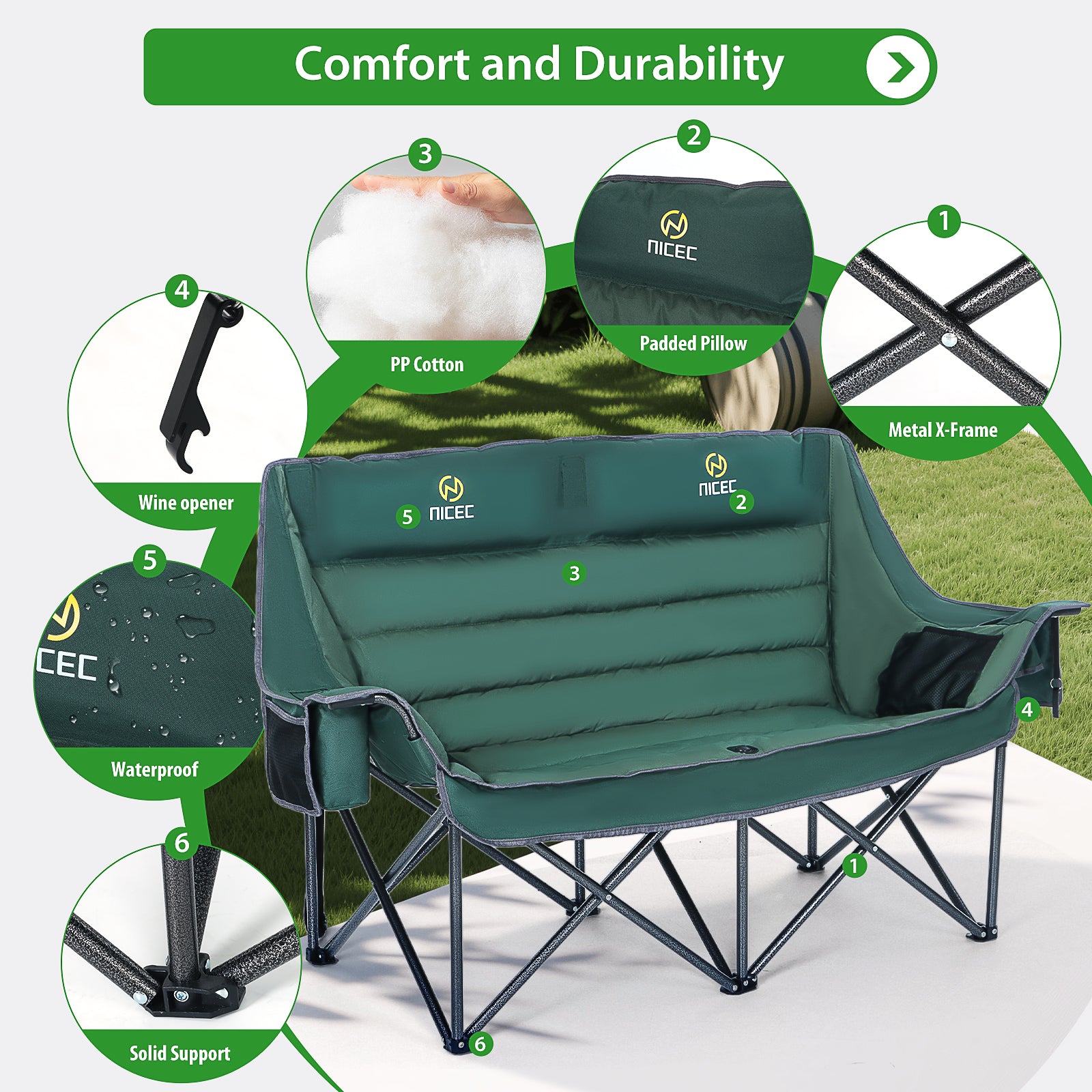 Nice C Oversized Loveseat Camping Chair for Adults, Extra Padded with Cooler &amp; Cup Holder 