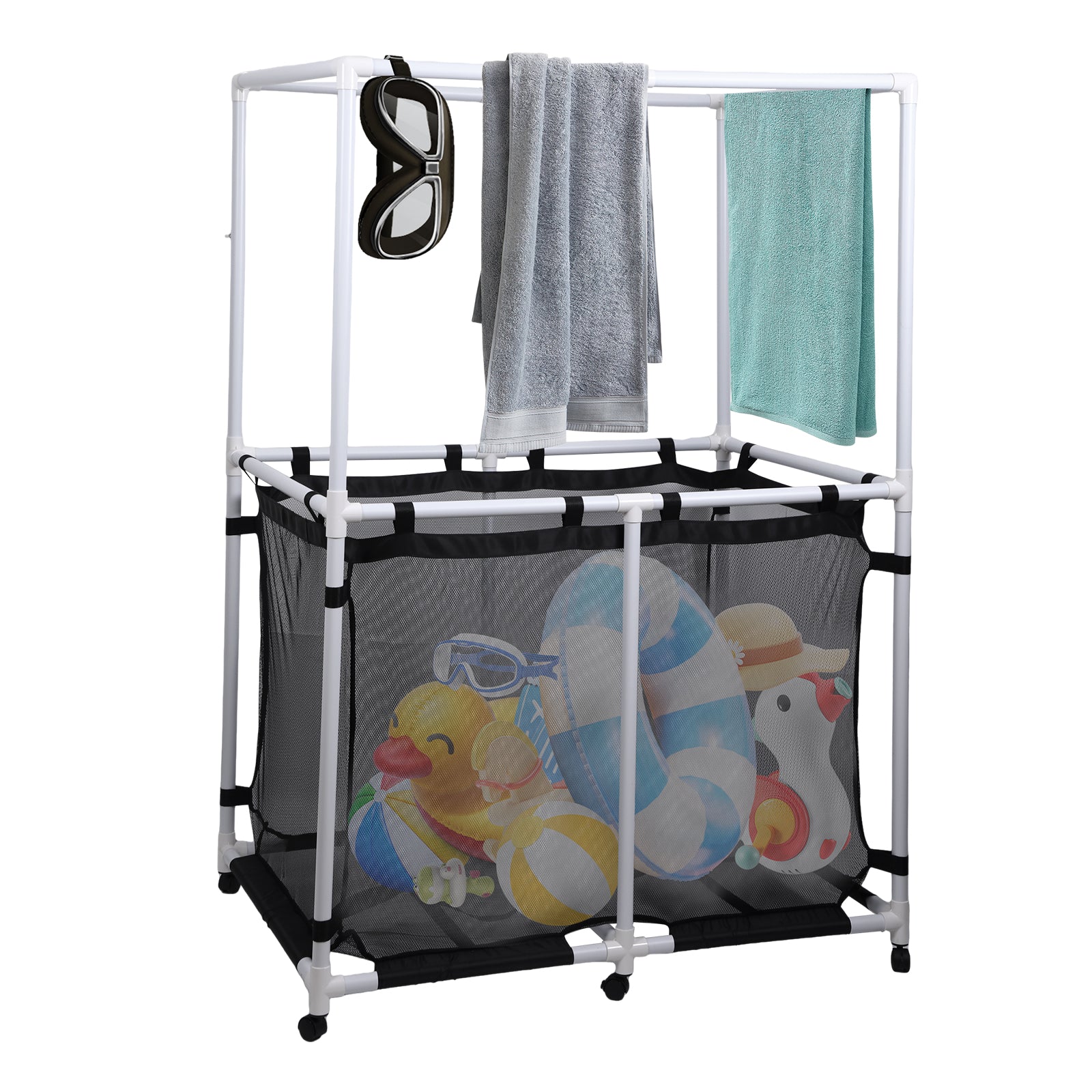 Nice C 142/214 Gallon Pool Storage with Top Rack, Pool Noodle Holder, Pool Caddy Organizer | 48.4" Pool Float Storage, Waterproof Rolling Pool Organizer, Outdoor Mesh Storage Bin for Pool Floats, Toys, and Pool Accessories
