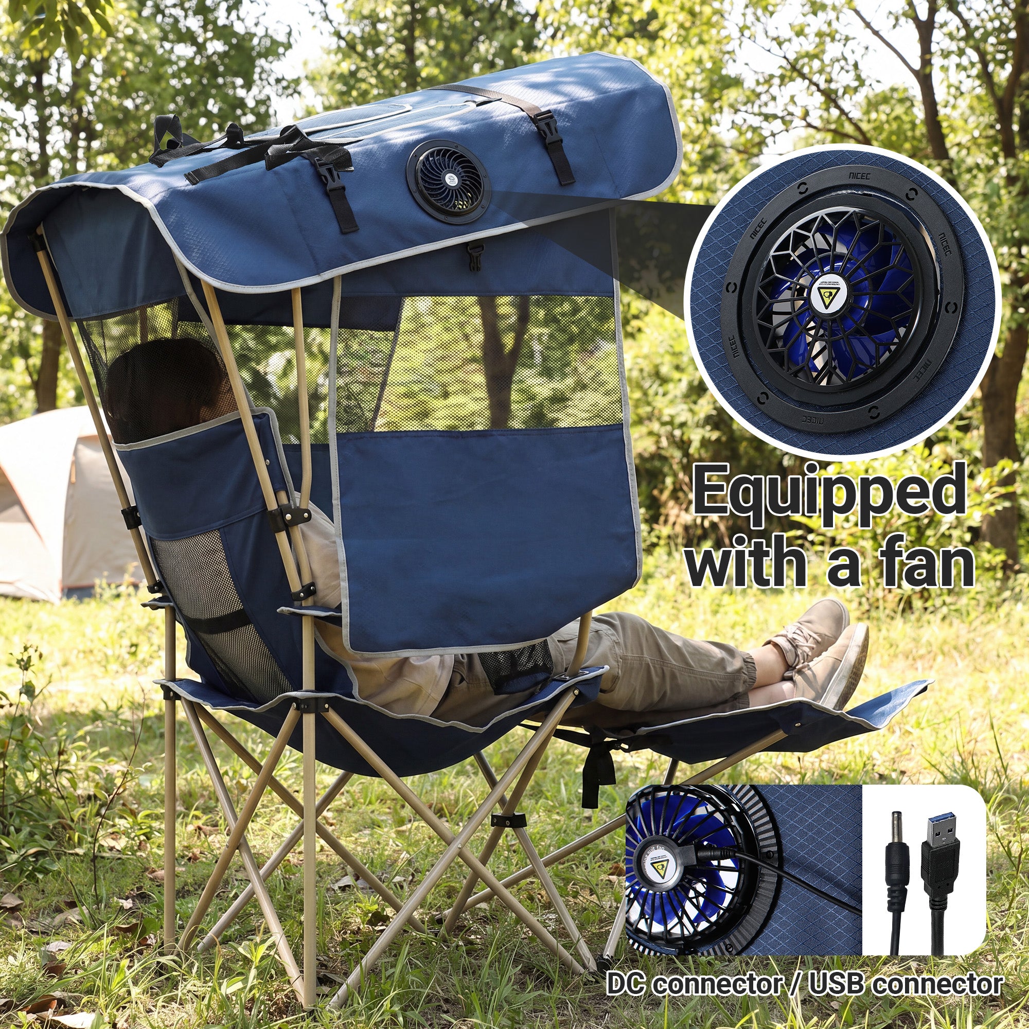 Nice C Canopy Camping Chair with Fan, Folding Umbrella Chair (1 Pack/2 Pack, Blue) | Oversized Chair, USB Powered Cooling Chair, Canopy, Footrest, Side Shade, Outdoor, Camping, Sports, Beach